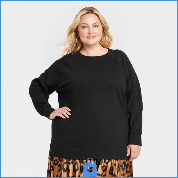 1X - Womens Cozy Crewneck Sweatshirt - Ava Viv - Black - Picture 1 of 5